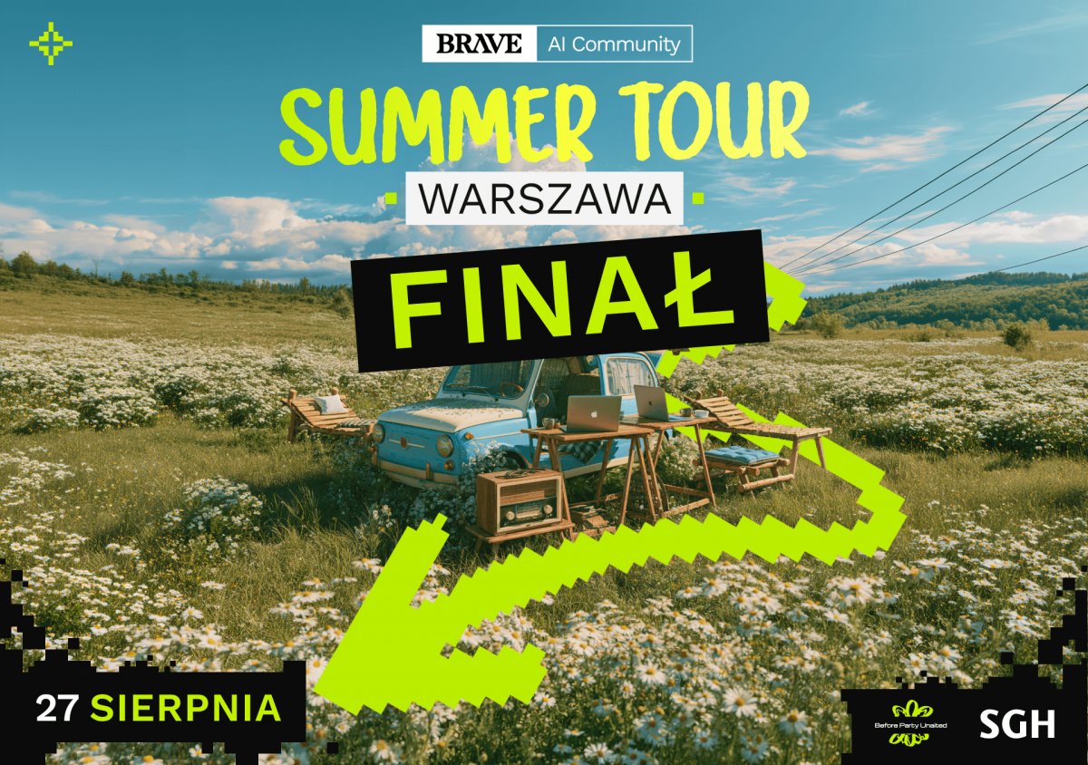 grafika z niebieskim samochodem na łące, logo BRAVE, napis Summer Tour WARSZAWA Finał, 27 sierpnia, SGH 