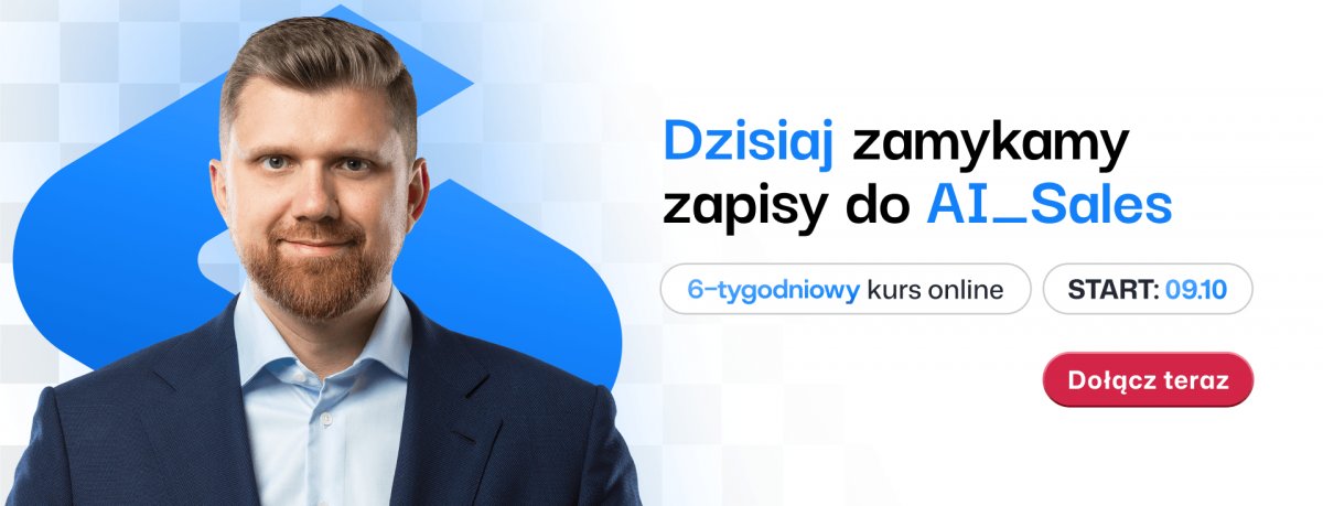 baner z logo AI_Sales, zdjęcie Szymona Negacza, napis "dziś zamykamy zapisy do AI_Sales" przycisk "dołącz"