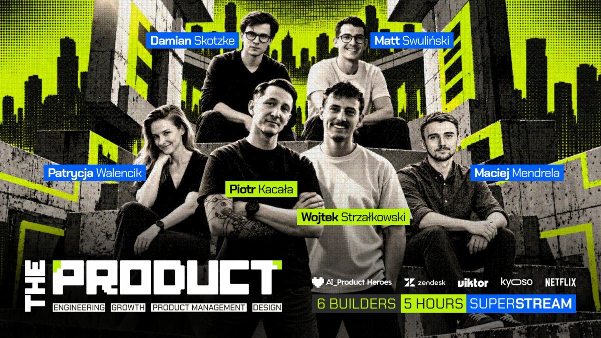 baner z logo AI Product Heroes, napis "The Product_" zdjęcia gości wydarzenia 