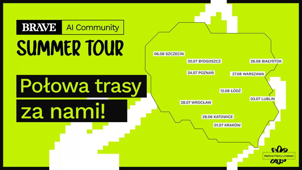 grafika z mapą z zaznaczonymi miastami i datami eventów w tych miastach, logo BRAVE, napis Połowa trasy za nami! 