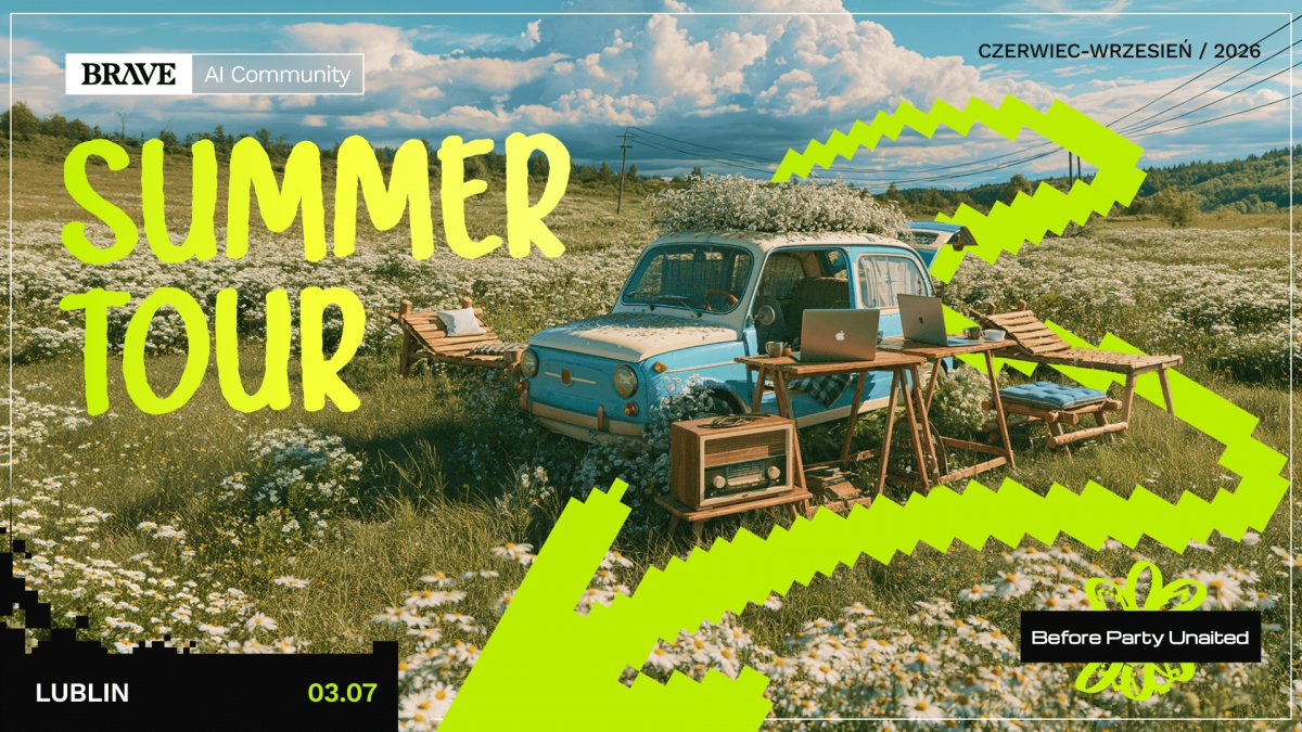 grafika przedstawiająca niebieski samochód na łące, napis Summer Tour, logo BRAVE